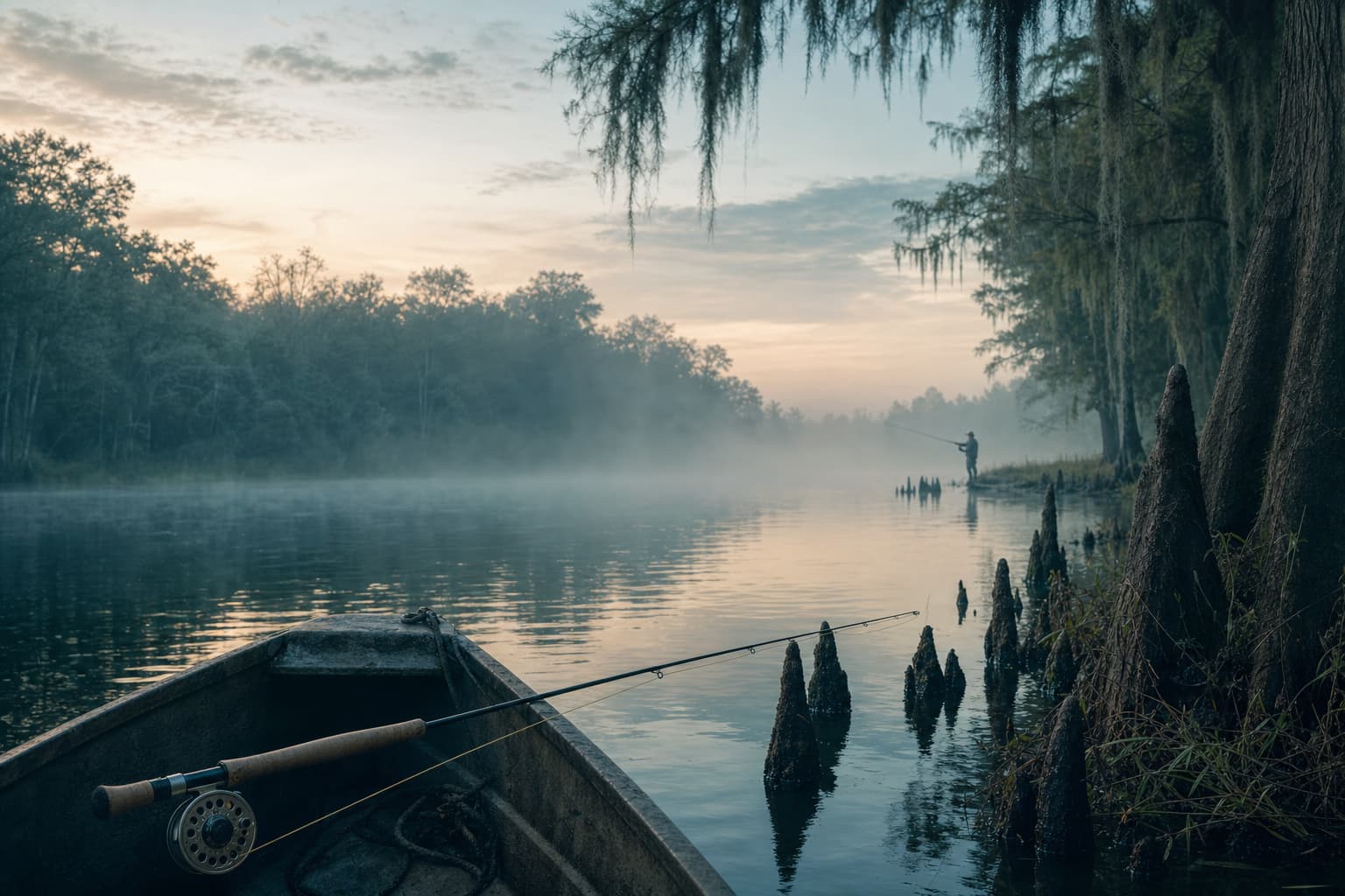 A boat and fly rod on a misty cypress-lined East Texas river at first light