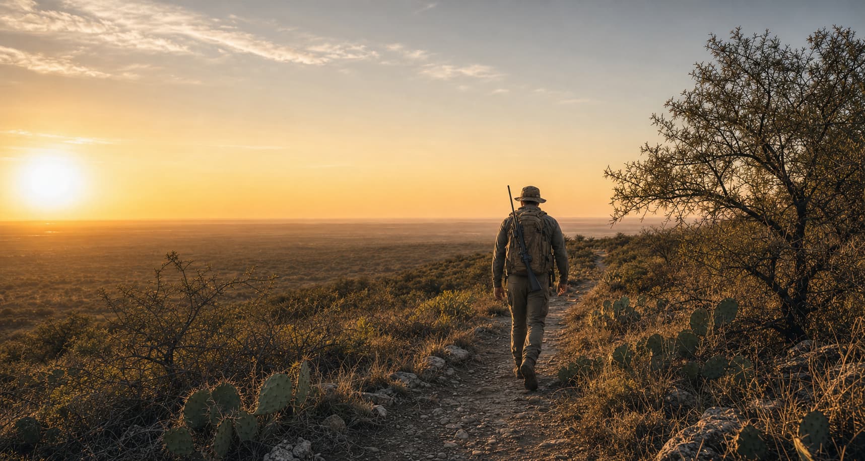 A hunter walking a South Texas sendero trail at first light, mountains on the horizon