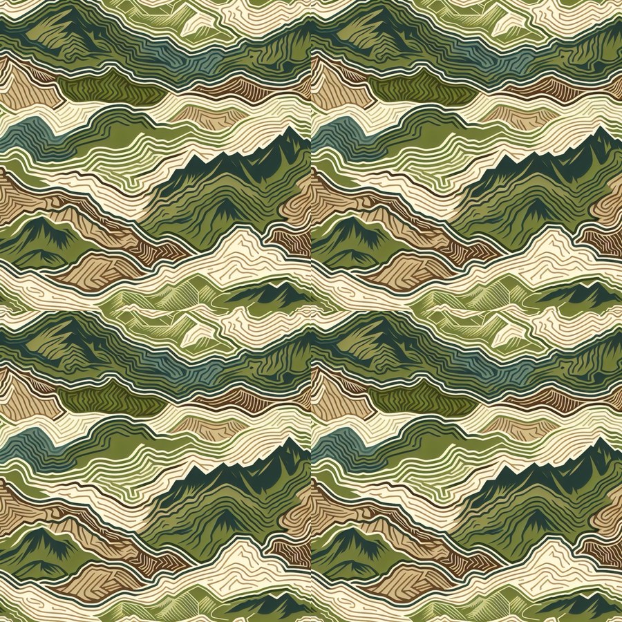 Topo Terrain Camo reference tile — contour lines and mountain silhouettes in green, tan, and brown earth tones